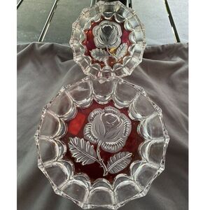 Vintage Red & Clear Floral Etched Lead Crystal Trinket Dish Set
